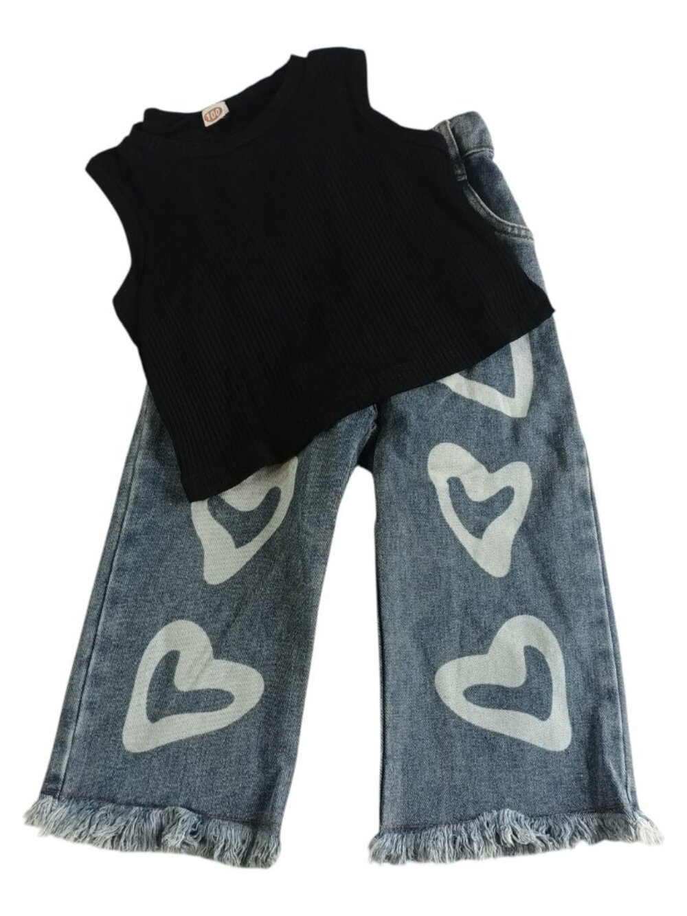 Toddler Baby Girl Ribbed Black Top Denim Flare Jeans Heart Pattern 2-3T Outfit